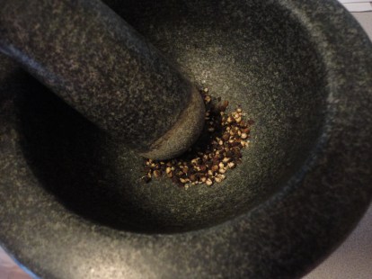 I used my mortar and pestle, a gift from a thoughtful friend, to crush the peppercorns