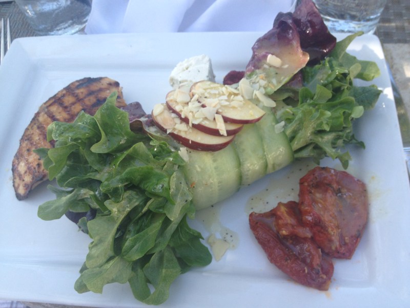 In a shocking twist, the hubs ordered the Harvest Salad with grilled chicken. It arrived all bundled up and delicious.