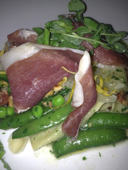 Spring Pea Agnolotti - peas with toasted hazelnuts and bacon lardons - deceptively light
