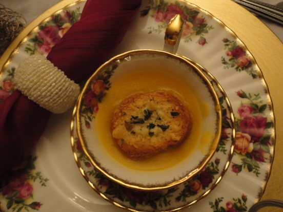 Seasonal soup served in tiny tea cups
