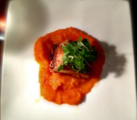 Sake (To Me) Pork Belly Appetizer sake braised, soy glazed with ginger-carrot puree  and micro wasabi greens